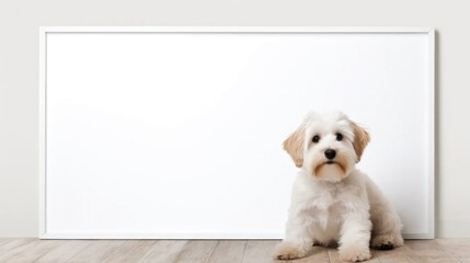 Elevate your brand with the charm of man's best friend! Our cute dog poses beside an empty frame on a clean white canvas—ideal for pet-related businesse