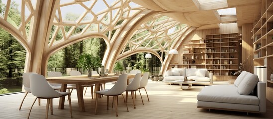 Recyclable architecture concept illustrated in featuring eco country living room with sustainable parquet dining table and bamboo ceiling derived from an unfinished project