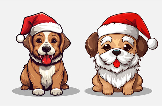 Two dogs in santa hats - Flat color vector illustration