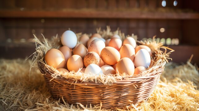 Wooden basket with organic fresh eggs in the chicken coop. AI generated image