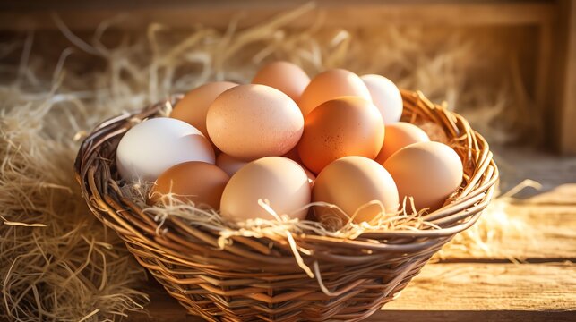 Wooden basket with organic fresh eggs in the chicken coop. AI generated image