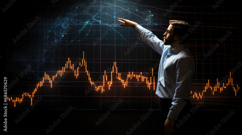 Poster person in a business suit pointing at a futuristic digital stock market chart, indicating various da