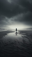 Solitary figure wanders an immense beach under brooding, stormy skies