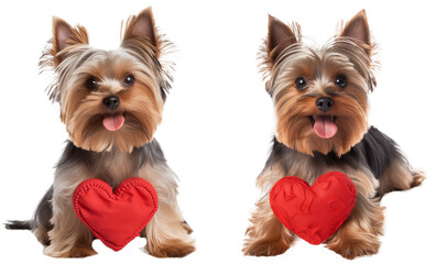 Bundle of two Yorkshire terrier dogs sitting behind a heart for Valentines Day isolated on a transparent background