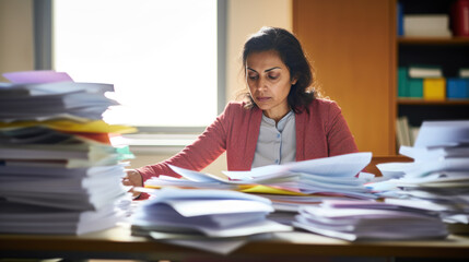 Close-up of a woman organizing a large stack of documents and folders on a wooden desk - obrazy, fototapety, plakaty
