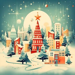 New Year and Christmas retro drawing in a vintage style, which depicts a Christmas tree and other design elements that correspond to the traditions of the winter December holidays. Generation Ai