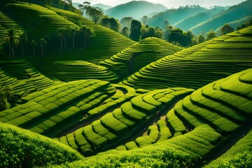 tea plantation on sunny day,green nature landscape> - obrazy, fototapety, plakaty