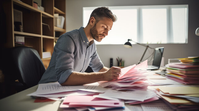 Close-up of a man organizing a large stack of documents and folders on a wooden desk