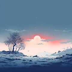 Winter landscape in a minimalist and aesthetic style with a view of snow, an endless field and the sea with silhouettes of trees and people: postcard, background, screensaver, empty space for text