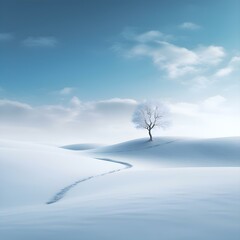 Winter landscape in a minimalist and aesthetic style with a view of snow, an endless field and the sea with silhouettes of trees and people: postcard, background, screensaver, empty space for text