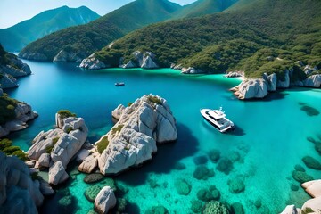 **speed boat on blue aea at sunrise in summer. aerial view of motorboat in blue lagoon, rocks in clear azure watar, tropical landscape with vacht, mountain with green forest. top view oludeni - obrazy, fototapety, plakaty