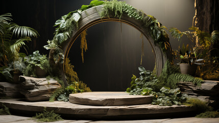 Obraz premium Rock podium stage for show product with green leaves on dark background, display product stand, ornamental plant