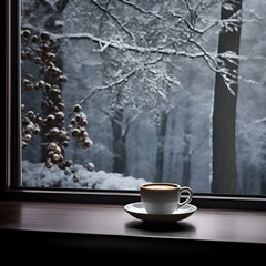 A cup with a hot drink (coffee, tea, cocoa) on the background of a snow-covered window, snow and winter in the background, cozy morning atmosphere, December, January, New Year, Christmas. Ai