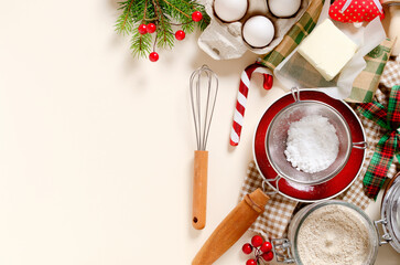 Bakery background with ingredients for cooking Christmas baking.	