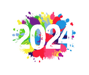 Happy 2024, watercolor design. Happy New Year congrats. Colorful backdrop. Internet banner. Web icon. Hand drawing graphic style. Abstract background. Greeting card template. Creative symbol 20 24.