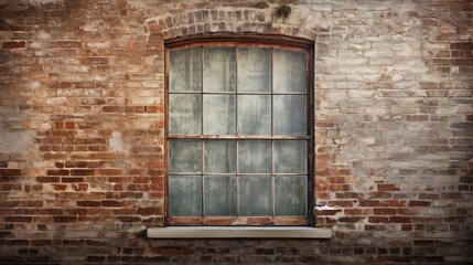 Fototapeta na wymiar A single, weathered wood window embedded in a textured brick wall tells tales of bygone eras.