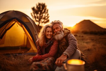 Senior couple camping site. Active vacations outside  
