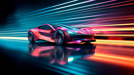 Futuristic unreal sleek electric car with neon energy waves speeding on a futuristic city street. - obrazy, fototapety, plakaty
