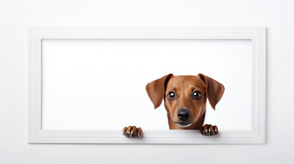 A charming dog poses with an empty frame on a clean white canvas