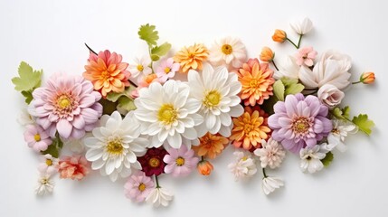 beauty of a top-view floral composition featuring ranuncula, chrysanthemum, and assorted flowers on a clean white surface.