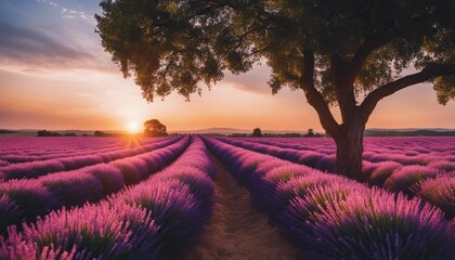beautiful purple stunning landscape with lavender fields at sunset