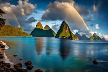 **st lucia-caribbean sea with pitons and rainbow-- - obrazy, fototapety, plakaty