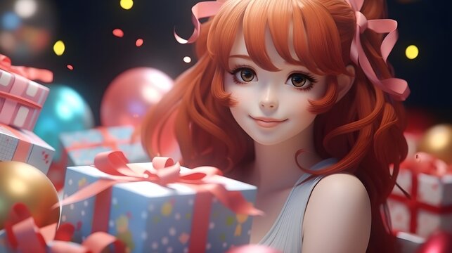 Portrait of a smiling red hair female in anime style surrounded by gifts with space for text, background image, AI generated