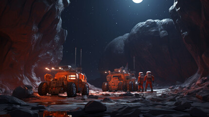 space miners with buggies excavating another planet