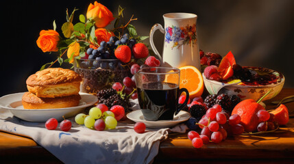 still life with fruit, coffee and breakfast pastries
