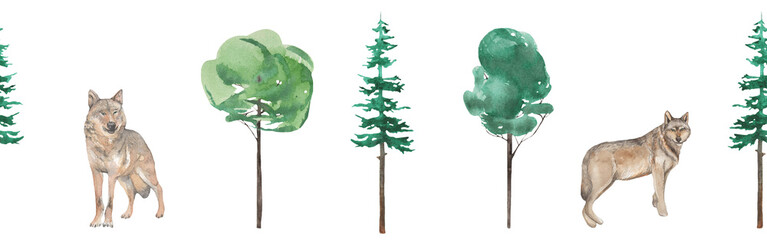 Woodland wildlife border. Illustration with animal and tree. Watercolor animal and forest evergreen trees on white background.