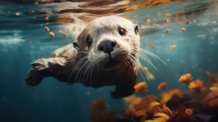 Beautiful otter swims underwater - obrazy, fototapety, plakaty