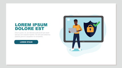 Ein Tablet mit sicherem Login-Symbol, ein Mann steht davor - Sicherheits Konzept