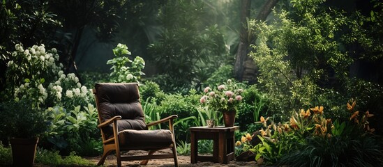 Wooden chair with high back in park surrounded by plants
