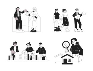Purchase real estate properties black and white 2D illustration concept set. Real estate agent, buyers diverse isolated cartoon outline characters. Realty metaphor monochrome vector art collection