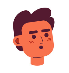 Latin american man wow astonished 2D vector avatar illustration. Amazed male arab cartoon character face portrait. Singing open mouth flat color user profile image isolated on white background