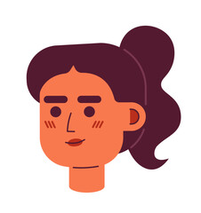 Ponytail young adult woman blushing shy 2D vector avatar illustration. Brunette middle eastern cartoon character face portrait. Millennial flat color user profile image isolated on white background