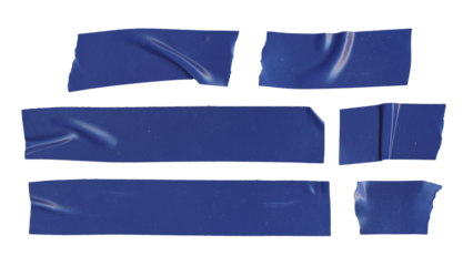 Set of duct tape lines in png format, isolated blue stripes of adhesive tape on transparent background