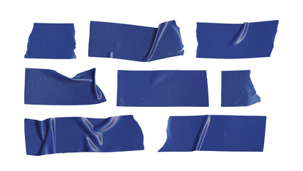 Set of duct tape lines in png format, isolated blue stripes of adhesive tape on transparent background