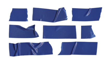 Set of duct tape lines in png format, isolated blue stripes of adhesive tape on transparent background