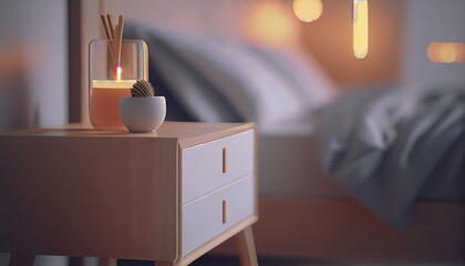 Bedside table night stand bed with a mock-up space for showcasing products and cosmetics. Modern bedroom interior design with a focus on practicality and aesthetic appeal. - obrazy, fototapety, plakaty