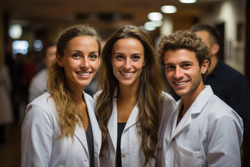 Obraz premium A group of happy doctors in white coats. Medical services, clinics, healthcare system.