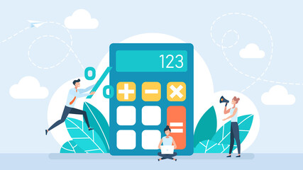 Calculator app. Tiny people with calculating. Math formulas and calculations, mathematics school, university lessons. Cartoon tiny people using calculator for homework. Accounting. Flat illustration
