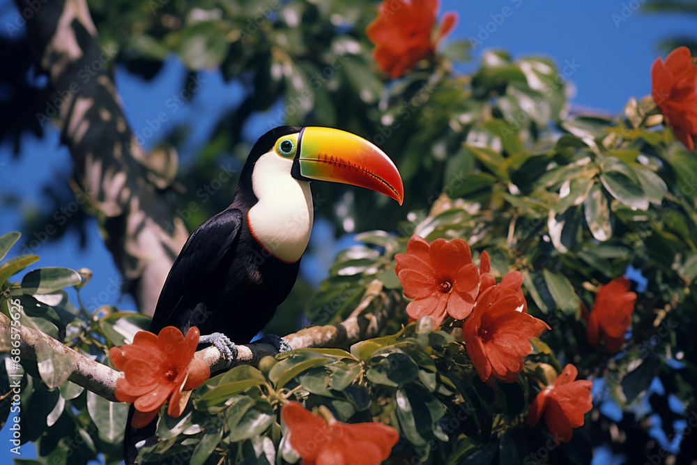 Leinwandbilder a playful image of a toucan perched on a treetop, its beak peeking out in a teasing manner, adding a