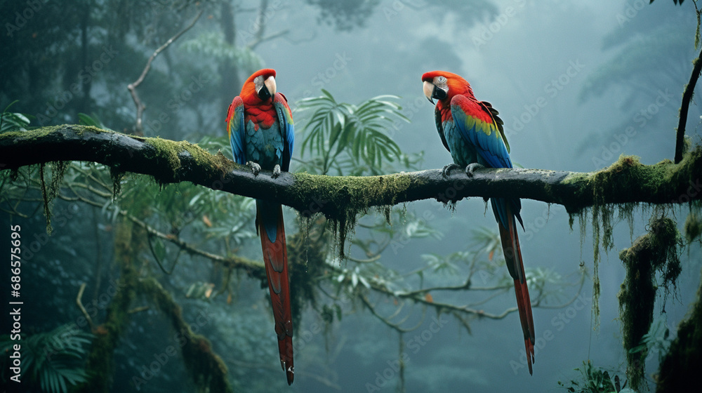 Leinwandbilder a mystical moment capturing macaws mingling in the mist, their ethereal presence adding a touch of m