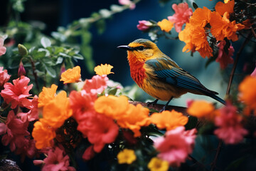 A tropical bird sipping nectar from vibrant flowers, creating a fiesta of colors and movement in the midst of the lush vegetation.