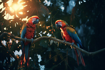 An atmospheric image capturing tropical birds in the soft glow of twilight, their tweets harmonizing with the sounds of the rainforest. - obrazy, fototapety, plakaty