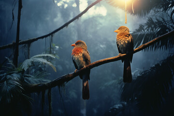 An expansive view of a panoramic scene with parrots perched on branches, their presence adding pops...