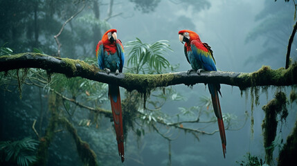 A mystical moment capturing macaws mingling in the mist, their ethereal presence adding a touch of magic to the tropical forest.