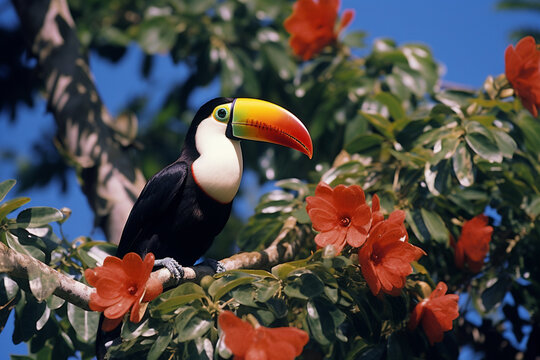 A playful image of a toucan perched on a treetop, its beak peeking out in a teasing manner, adding a touch of whimsy to the tropical scene.
