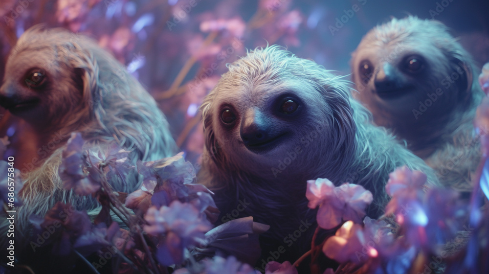 Fototapete an ethereal scene featuring abstract sloths in a spectral symphony, their slow and deliberate moveme